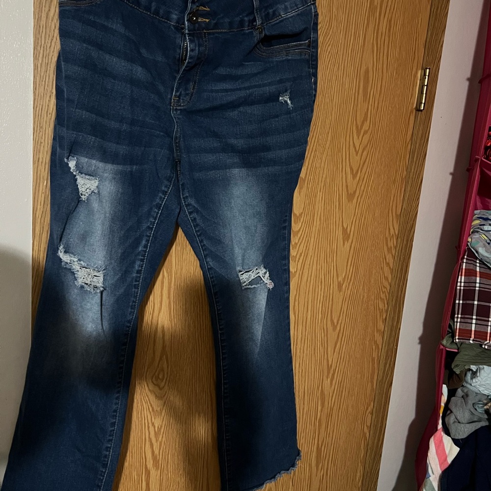 Blue Flare Wide Leg Distressed Jeans